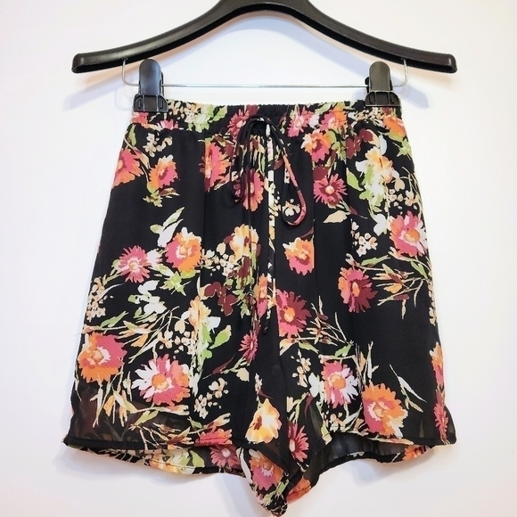 Dee Elly Floral Print Chiffon Drawstring Shorts Black Pink Small - Picture 4 of 12